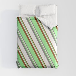 [ Thumbnail: Green, Grey, White, and Brown Colored Lined/Striped Pattern Comforter ]