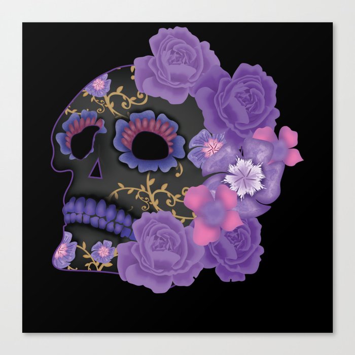 Sugar Skull Muertos Day Of Dead Purple Floral Canvas Print