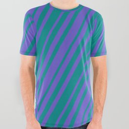 [ Thumbnail: Slate Blue & Dark Cyan Colored Lined Pattern All Over Graphic Tee ]