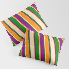 [ Thumbnail: Dark Orange, Bisque, Green, and Purple Colored Stripes Pattern Pillow Sham ]