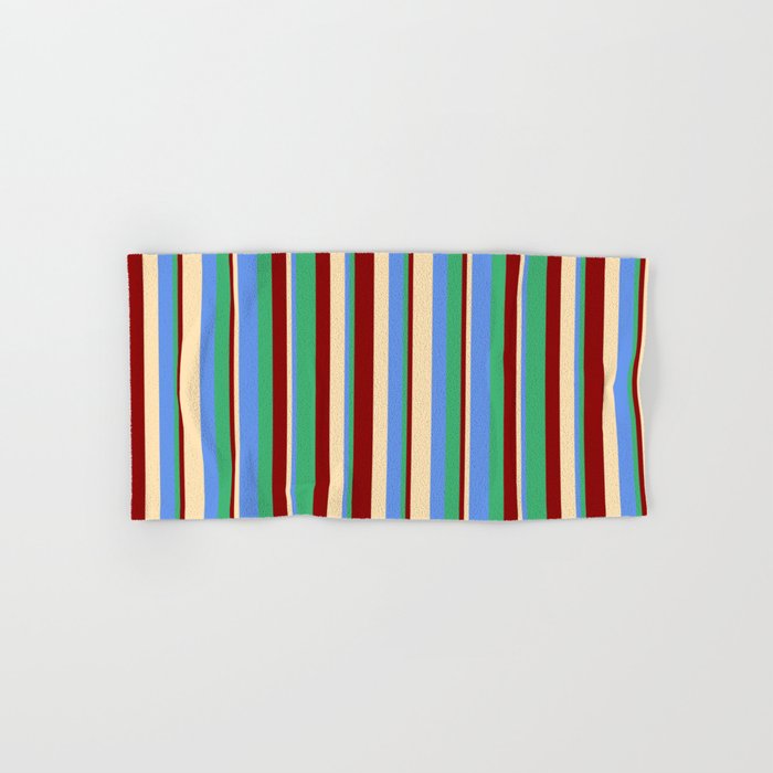 Beige, Cornflower Blue, Sea Green, and Dark Red Colored Lines/Stripes Pattern Hand & Bath Towel