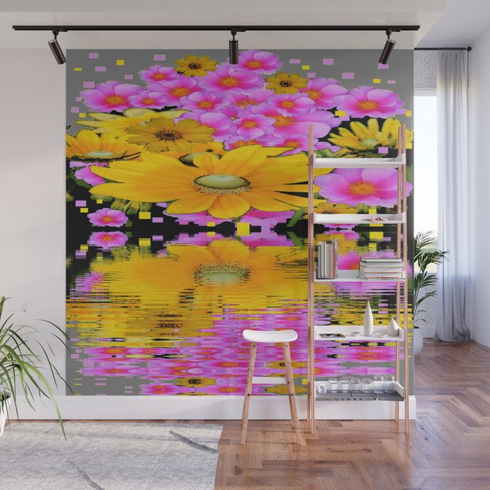 PINK-YELLOW FLORALS REFLECTED WATER ART Wall Mural