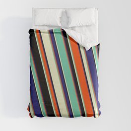 [ Thumbnail: Red, Aquamarine, Light Yellow, Black & Midnight Blue Colored Lines/Stripes Pattern Duvet Cover ]