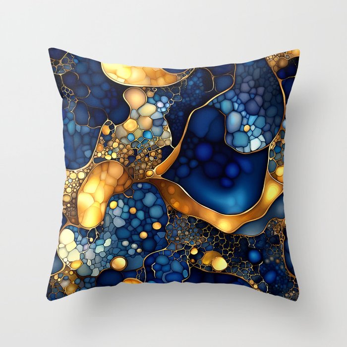 Fluid Art - Navy Blue and Gold Throw Pillow