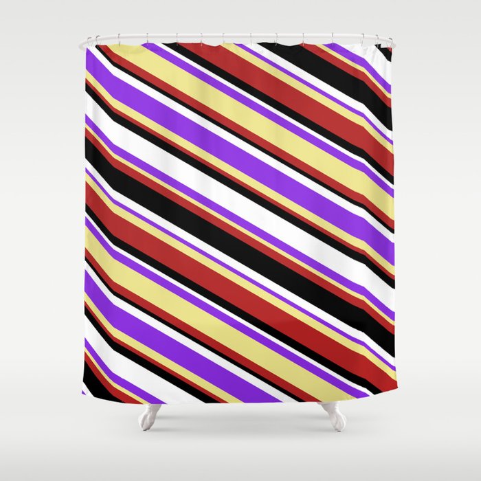 Colorful Purple, Tan, Red, Black & White Colored Stripes Pattern Shower Curtain