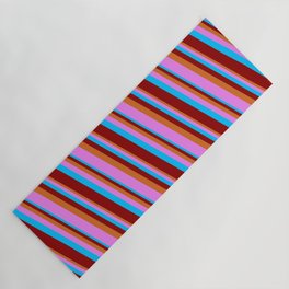 [ Thumbnail: Deep Sky Blue, Dark Red, Chocolate & Violet Colored Lines/Stripes Pattern Yoga Mat ]