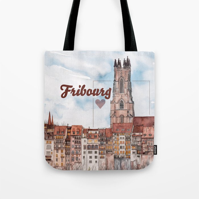 Fribourg Cityscape - St-Nicolas Cathedral watercolor Tote Bag