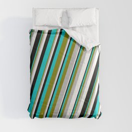 [ Thumbnail: Eye-catching Green, Grey, White, Black & Dark Turquoise Colored Pattern of Stripes Comforter ]