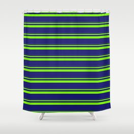 [ Thumbnail: Green & Midnight Blue Colored Stripes Pattern Shower Curtain ]