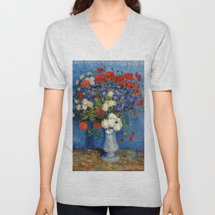Vincent van Gogh - Vase with Cornflowers and Poppies V Neck T Shirt