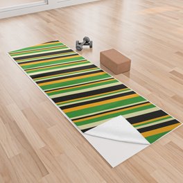 [ Thumbnail: Orange, Forest Green, Pale Goldenrod, and Black Colored Lined/Striped Pattern Yoga Towel ]
