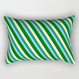 [ Thumbnail: Vibrant Teal, Light Sky Blue, Dark Green, White, and Orange Colored Pattern of Stripes Rectangular Pillow ]