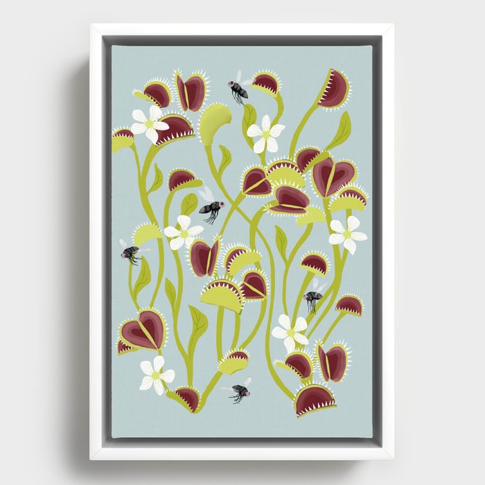 Venus Flytraps with Flies and Flowers Framed Canvas