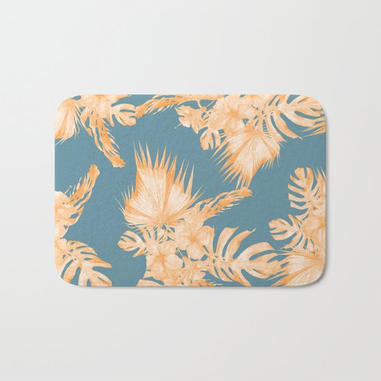 Hawaiian Hibiscus Palm Orange Teal Blue Bath Mat