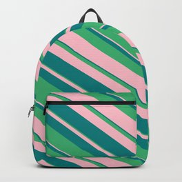 [ Thumbnail: Sea Green, Pink, and Teal Colored Stripes/Lines Pattern Backpack ]