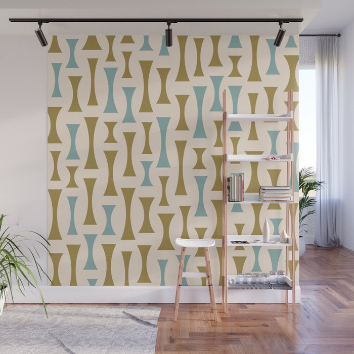 Retro Mid Century Modern Abstract Pattern 626 Blue Olive Green and Beige Wall Mural