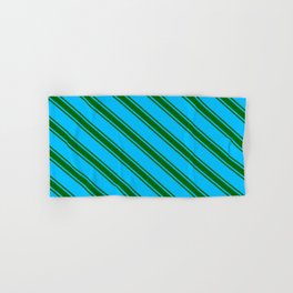 [ Thumbnail: Deep Sky Blue & Dark Green Colored Stripes/Lines Pattern Hand & Bath Towel ]
