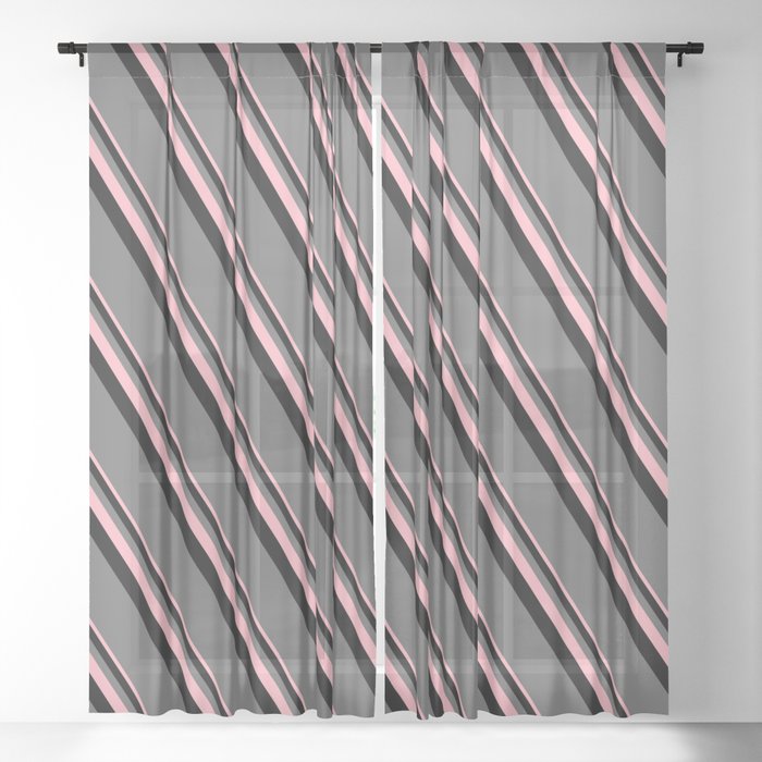Light Pink, Black, and Dim Gray Colored Lines/Stripes Pattern Sheer Curtain