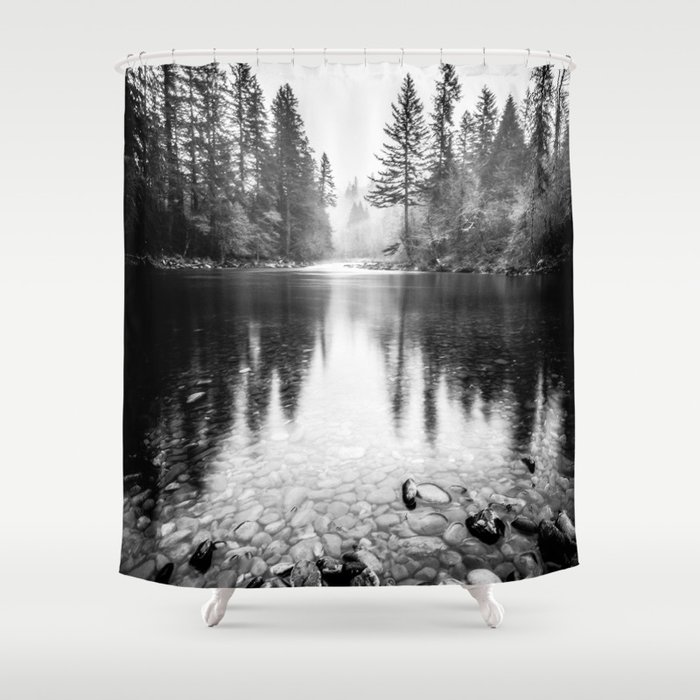 Forest Reflection Lake - Black and White  - Nature Photography Shower Curtain