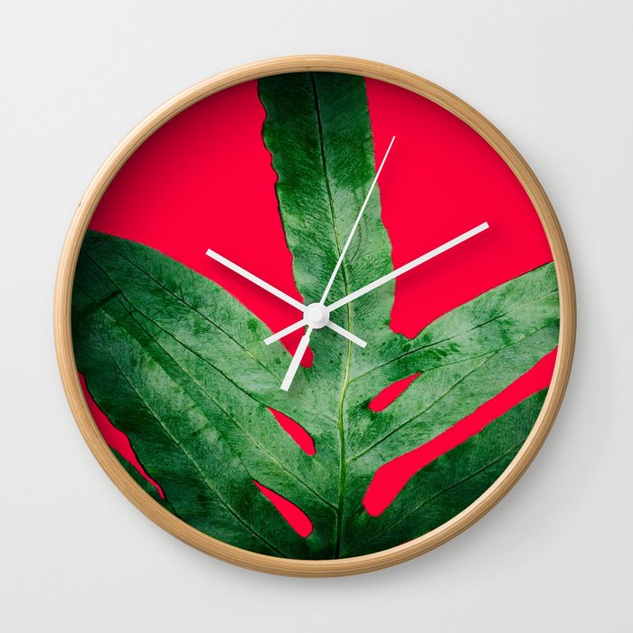 Green Fern on Bright Red Wall Clock