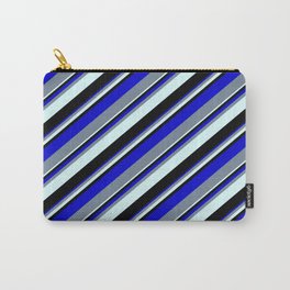 [ Thumbnail: Blue, Light Slate Gray, Light Cyan, and Black Colored Lined/Striped Pattern Carry-All Pouch ]