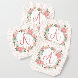 Monogram A - cute girls coral florals flower wreath, coral florals, baby girl, baby blanket Coaster