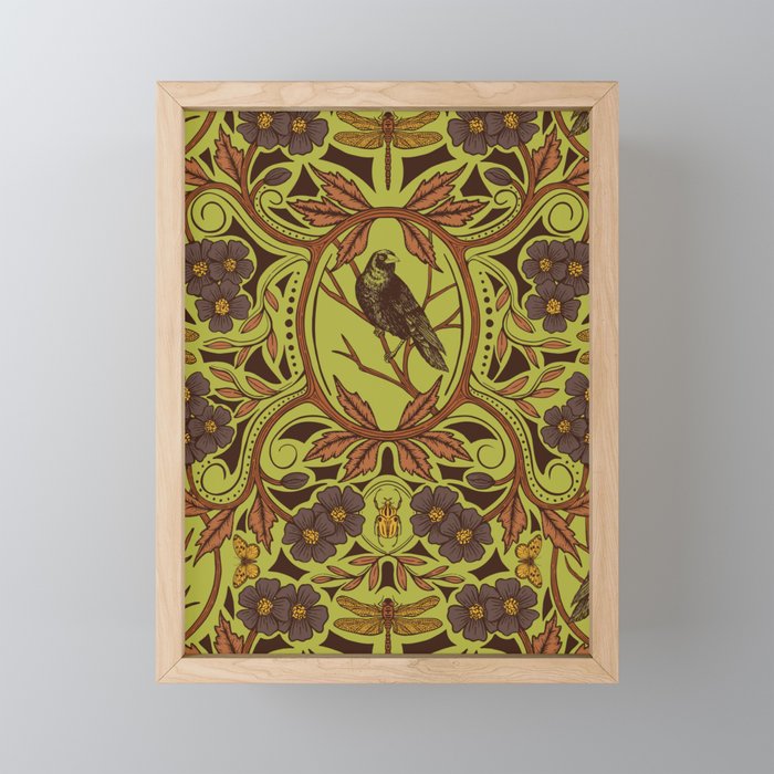 Crow & Dragonfly Floral in Retro Olive Green & Orange Framed Mini Art Print