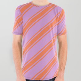 [ Thumbnail: Plum & Coral Colored Lines/Stripes Pattern All Over Graphic Tee ]