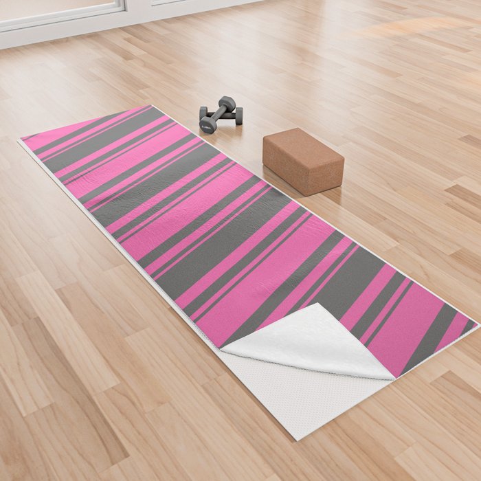 Hot Pink and Dim Grey Colored Pattern of Stripes Yoga Towel