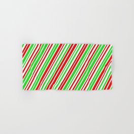 [ Thumbnail: Christmas-Style Red, White & Green Colored Striped/Lined Pattern Hand & Bath Towel ]