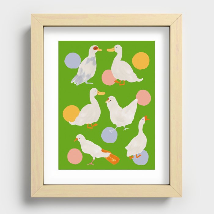 White Birds Playing Ball - Green Recessed Framed Print