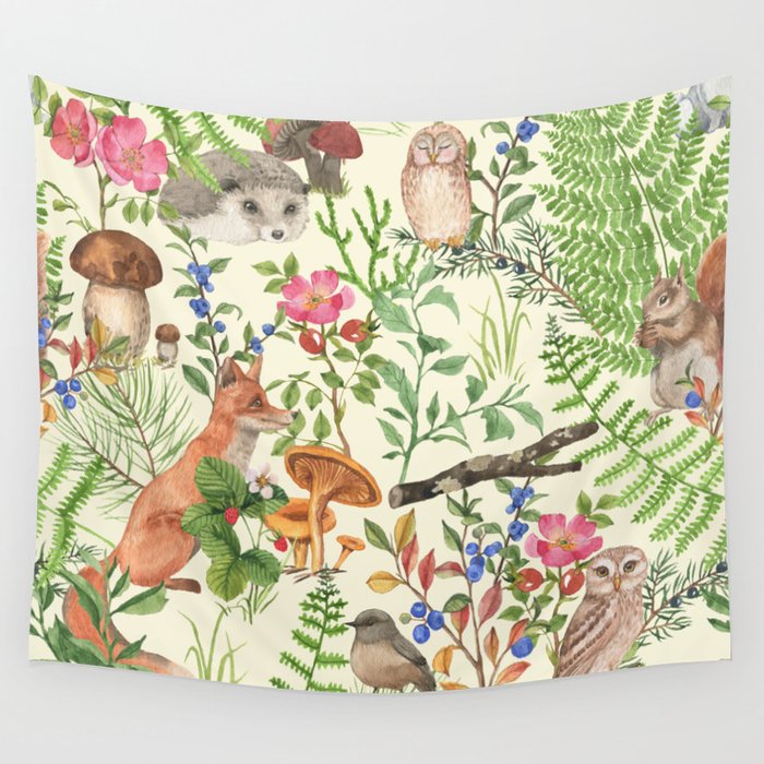 Hand drawn seamless pattern with watercolor forest animals and plants. Pattern for kids, wood inhabitants, cute animals Wall Tapestry
