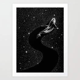 Starry Orca (Black Version) Art Print | Painting, Artsy, Sealife, Calm, Peaceful, Dreamscape, Fish, Space, Orca, Black And White 