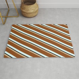 [ Thumbnail: Tan, Brown, Light Cyan, and Black Colored Stripes/Lines Pattern Rug ]