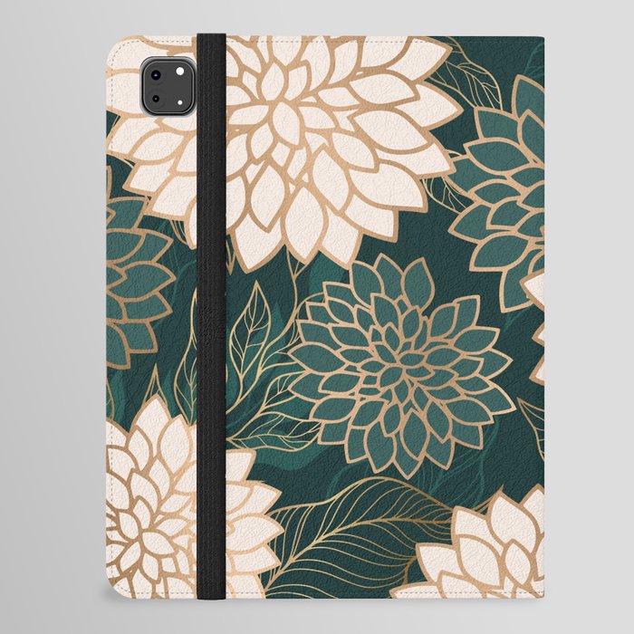 Floral Aesthetic in Dark Teal Green, Ivory and Gold iPad Folio Case
