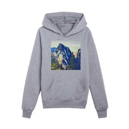  A Departure I - Mountain & Forest Nature Ukiyo Landscape in Blue, Green & Grey Kids Pullover Hoodies
