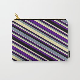 [ Thumbnail: Light Slate Gray, Pale Goldenrod, Indigo, and Black Colored Lined/Striped Pattern Carry-All Pouch ]