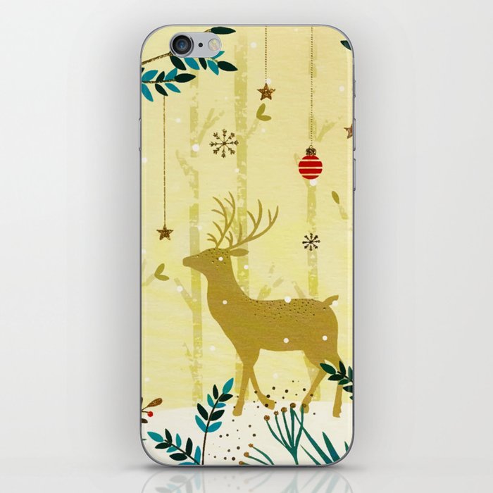 Gold Forest Winter Reindeer Birds iPhone Skin
