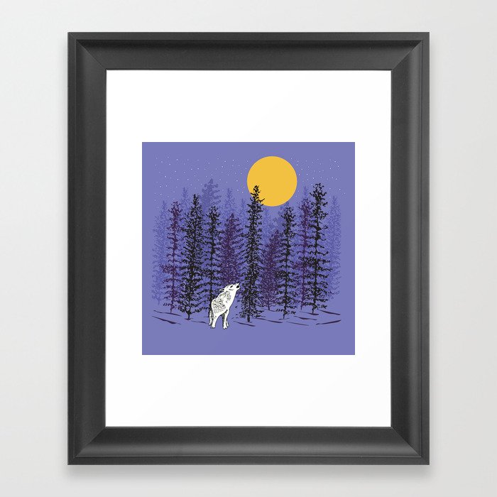 Wolf Howling at the Moon with Woodland Trees - Dark Purple Framed Art Print