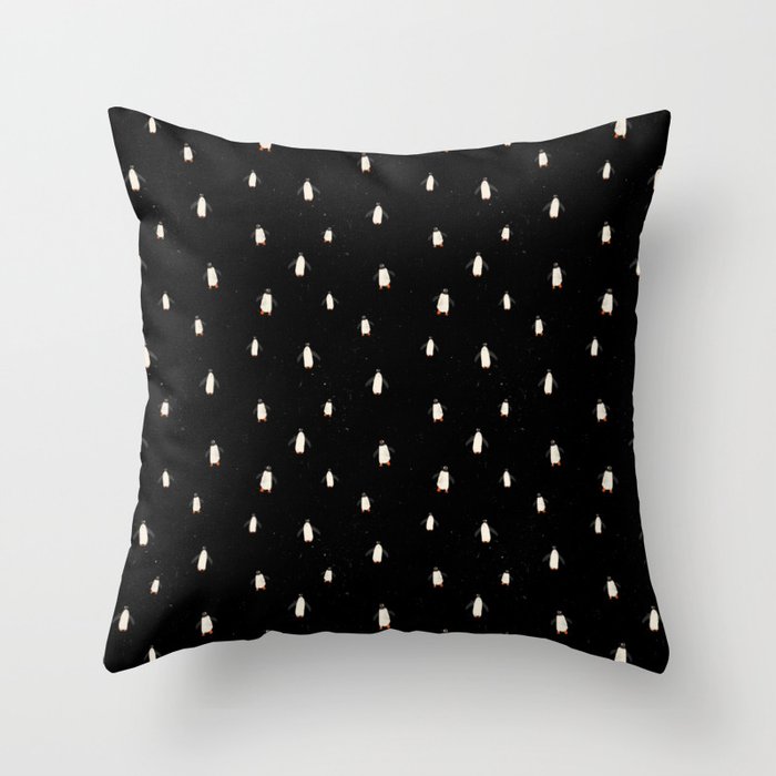 Penguin pattern on Black background Throw Pillow