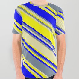 [ Thumbnail: Light Slate Gray, Pale Goldenrod, Yellow, and Blue Colored Striped Pattern All Over Graphic Tee ]