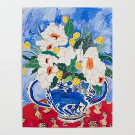 Queen of California - Giant Matilija Poppy Bouquet in Lion Vase on Blue Poster
