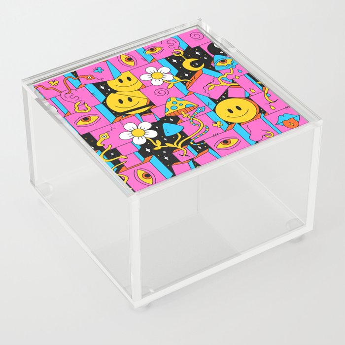 Pink Trippy Eye Blocks With White Flowers, Smileys and Mushrooms Acrylic Box