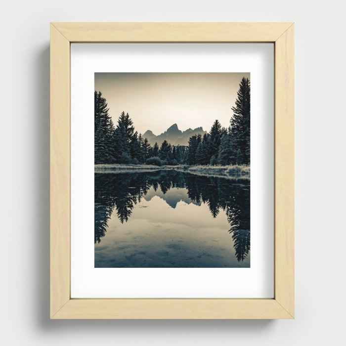 Schwabacher Landing Mountain Peaks - Grand Teton Sepia Recessed Framed Print