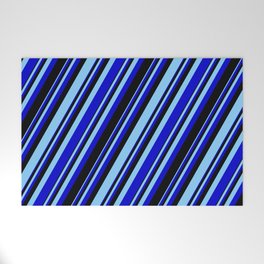 [ Thumbnail: Light Sky Blue, Blue & Black Colored Stripes/Lines Pattern Welcome Mat ]