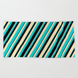 [ Thumbnail: Beige, Dark Turquoise & Black Colored Lines/Stripes Pattern Beach Towel ]