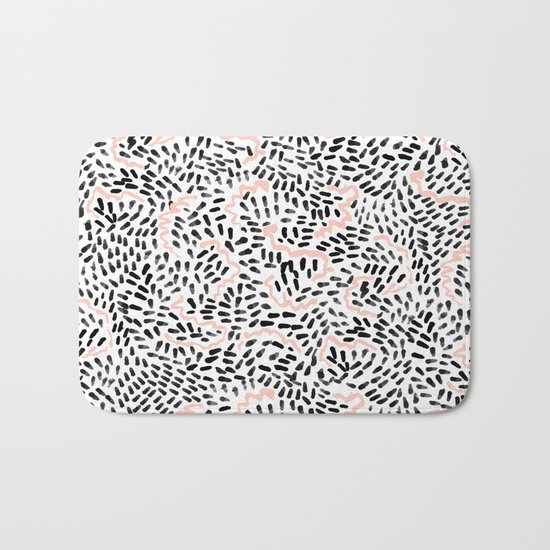 Helena - black white rose quartz abstract squiggle dot mark making painting brushstrokes minimal Bath Mat