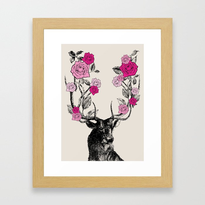 The Stag and Roses | Deer and Flowers | Pink | Vintage Stag | Vintage Deer | Antlers | Woodland | Framed Art Print
