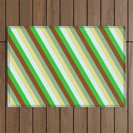 [ Thumbnail: Dark Sea Green, Tan, Light Cyan, Lime Green, and Brown Colored Pattern of Stripes Outdoor Rug ]