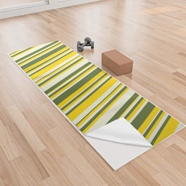 [ Thumbnail: Yellow, Dark Olive Green & Beige Colored Striped Pattern Yoga Towel ]